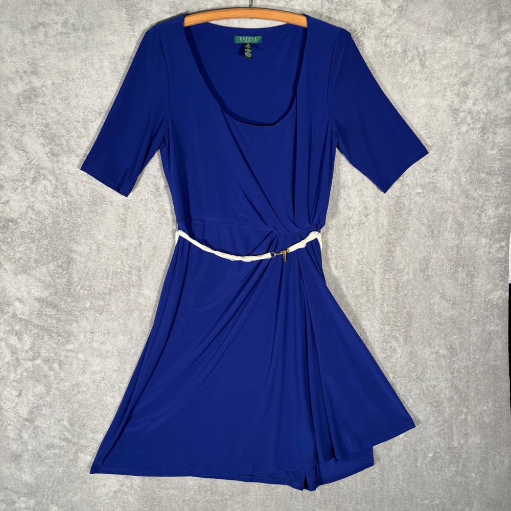 NWOT Lauren Ralph Lauren Womens Dress Size 16 Blue Jersey Knit Sheath Gold Belt